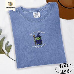 Blue Jean Tomfoolery Frog With Staff Embroidered T-Shirt