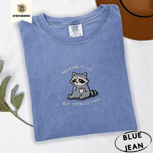 Blue Jean Totally Chill Raccoon Embroidered T-Shirt