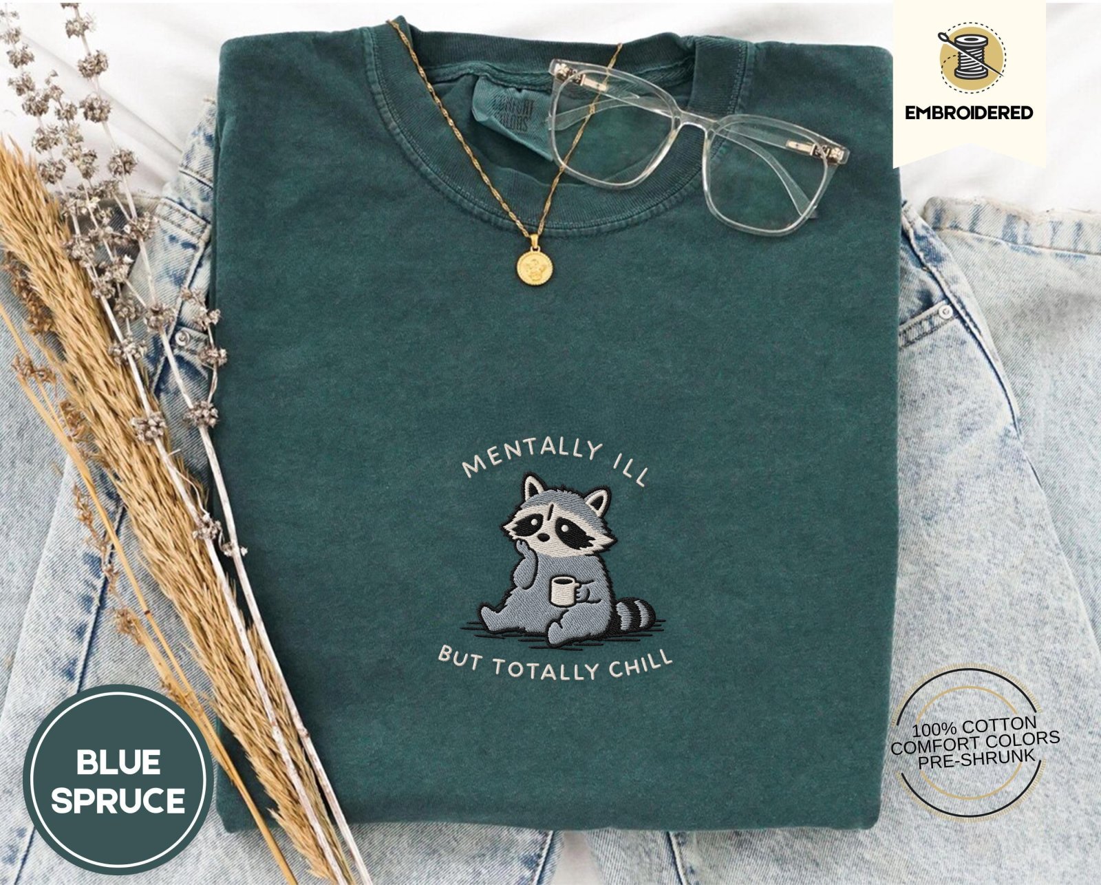 Blue Spruce Totally Chill Raccoon Embroidered T-Shirt