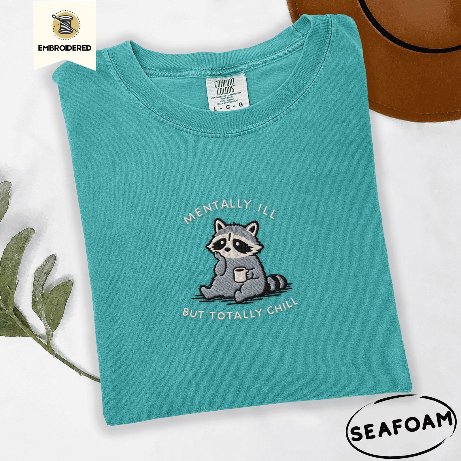 Seafoam Totally Chill Raccoon Embroidered T-Shirt
