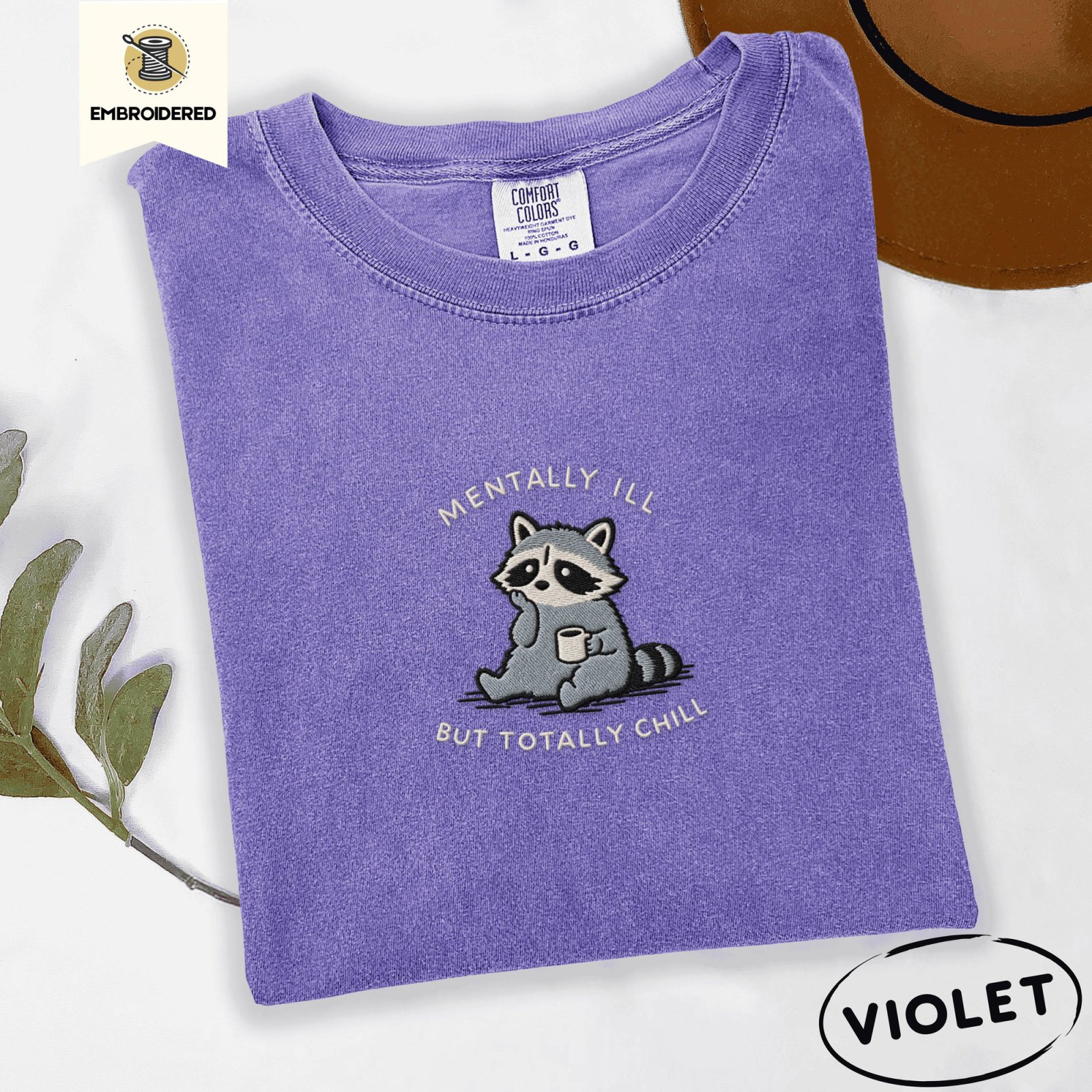 Violet Totally Chill Raccoon Embroidered T-Shirt