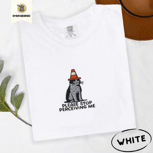 White Traffic Cone Cat Embroidered T-Shirt