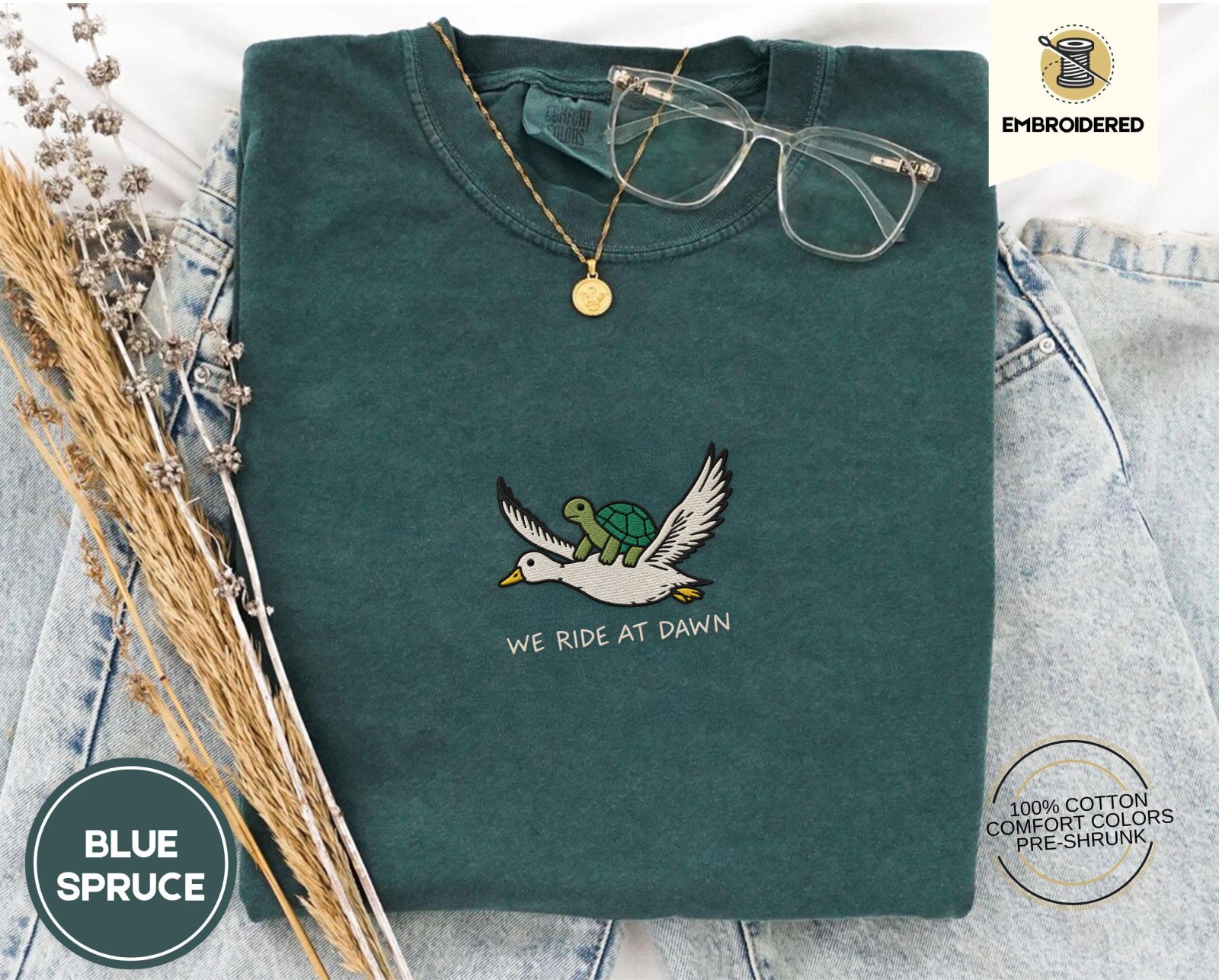 Blue Spruce Turtle Riding Duck Embroidered T-Shirt