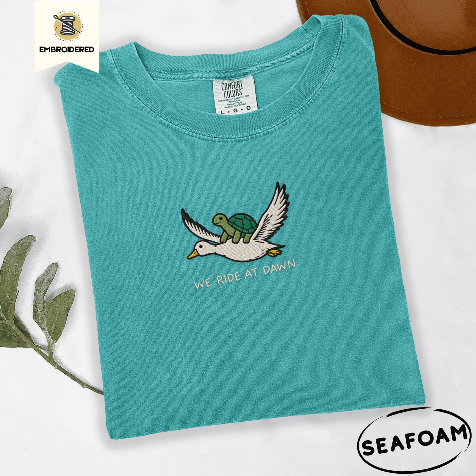Seafoam Turtle Riding Duck Embroidered T-Shirt