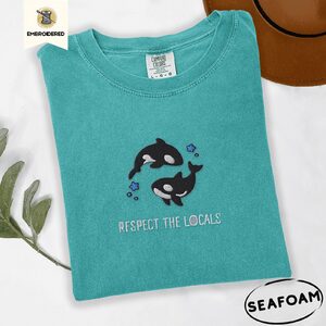 Seafoam Two Orcas and Blue Stars Embroidered T-Shirt