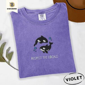 Violet Two Orcas and Blue Stars Embroidered T-Shirt