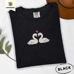 Black Two Swans Heart Embroidered T-Shirt