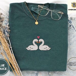 Blue Spruce Two Swans Heart Embroidered T-Shirt