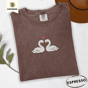 Espresso Two Swans Heart Embroidered T-Shirt
