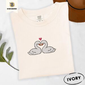 Ivory Two Swans Heart Embroidered T-Shirt