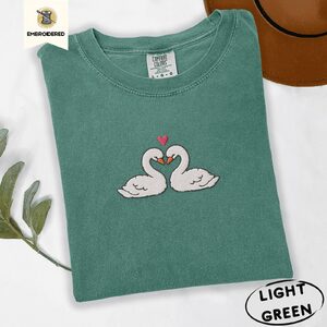 Light Green Two Swans Heart Embroidered T-Shirt