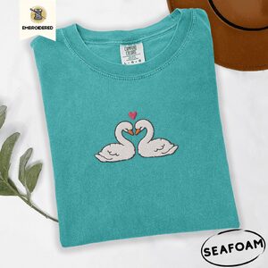 Seafoam Two Swans Heart Embroidered T-Shirt