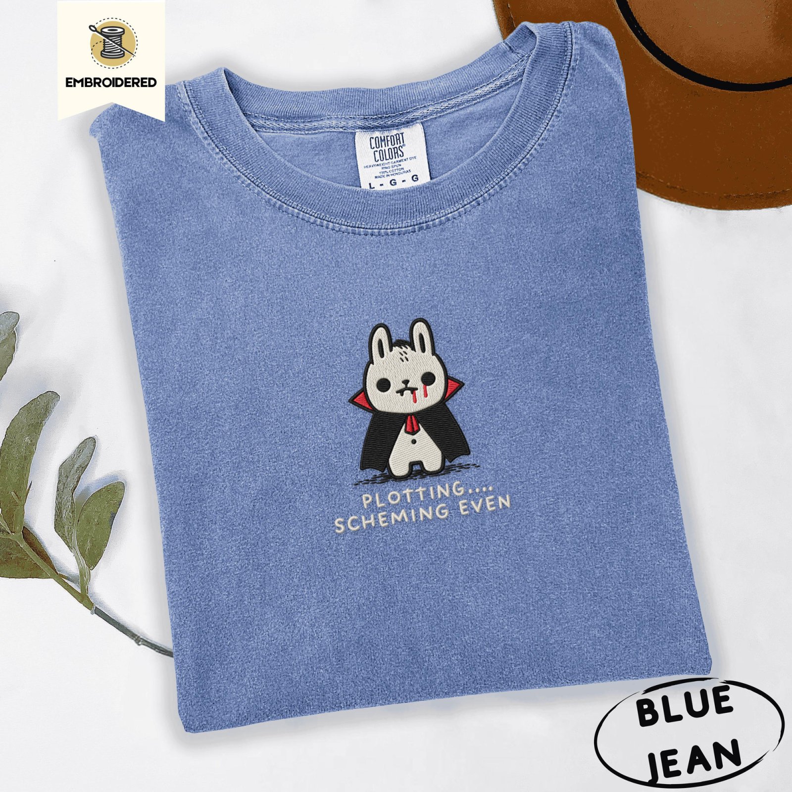 Blue Jean Vampire Bunny Embroidered T-Shirt