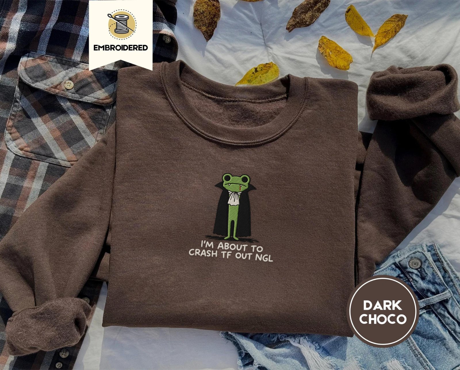 Dark Chocolate Vampire Frog Embroidered Sweatshirt