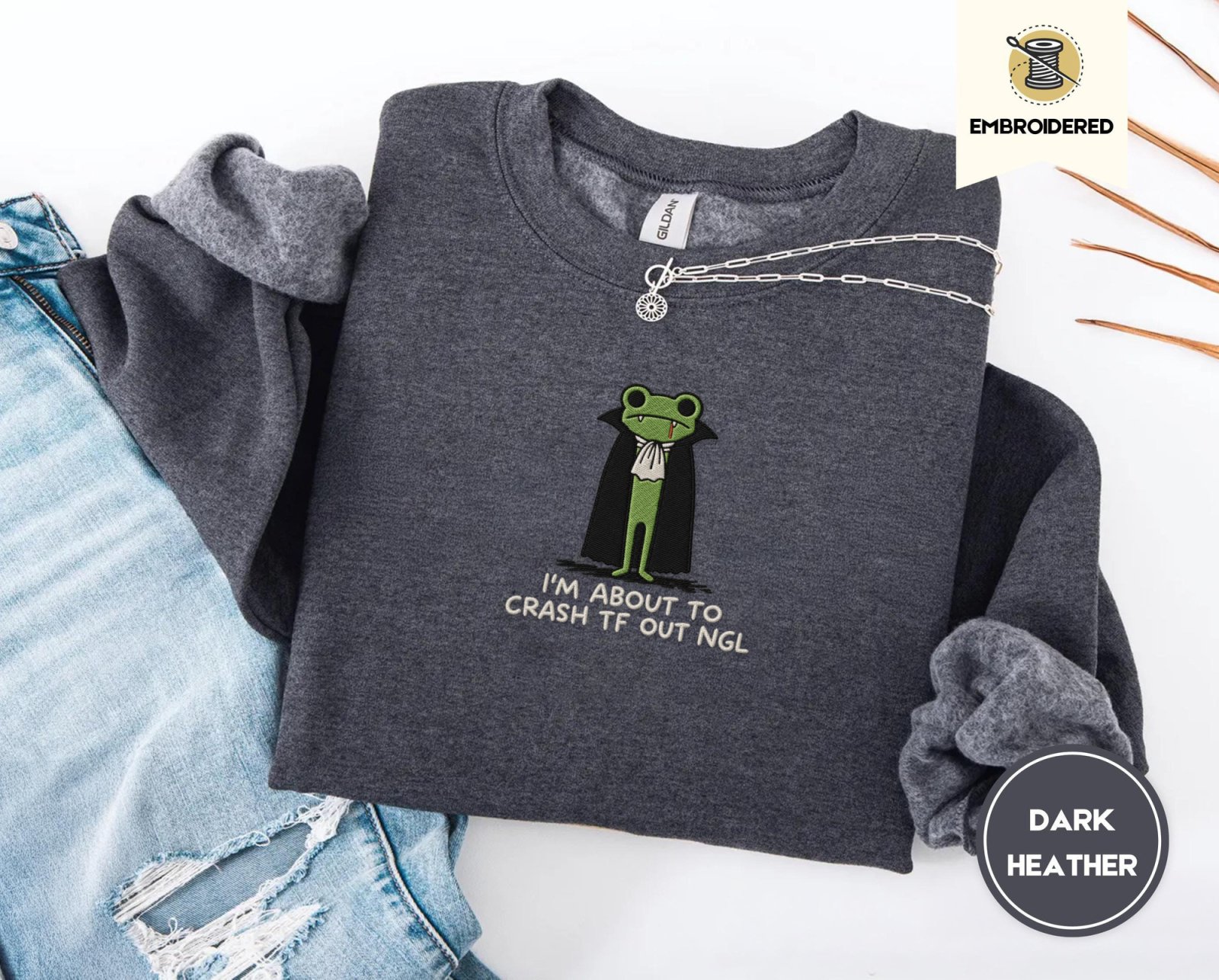 Dark Heather Vampire Frog Embroidered Sweatshirt