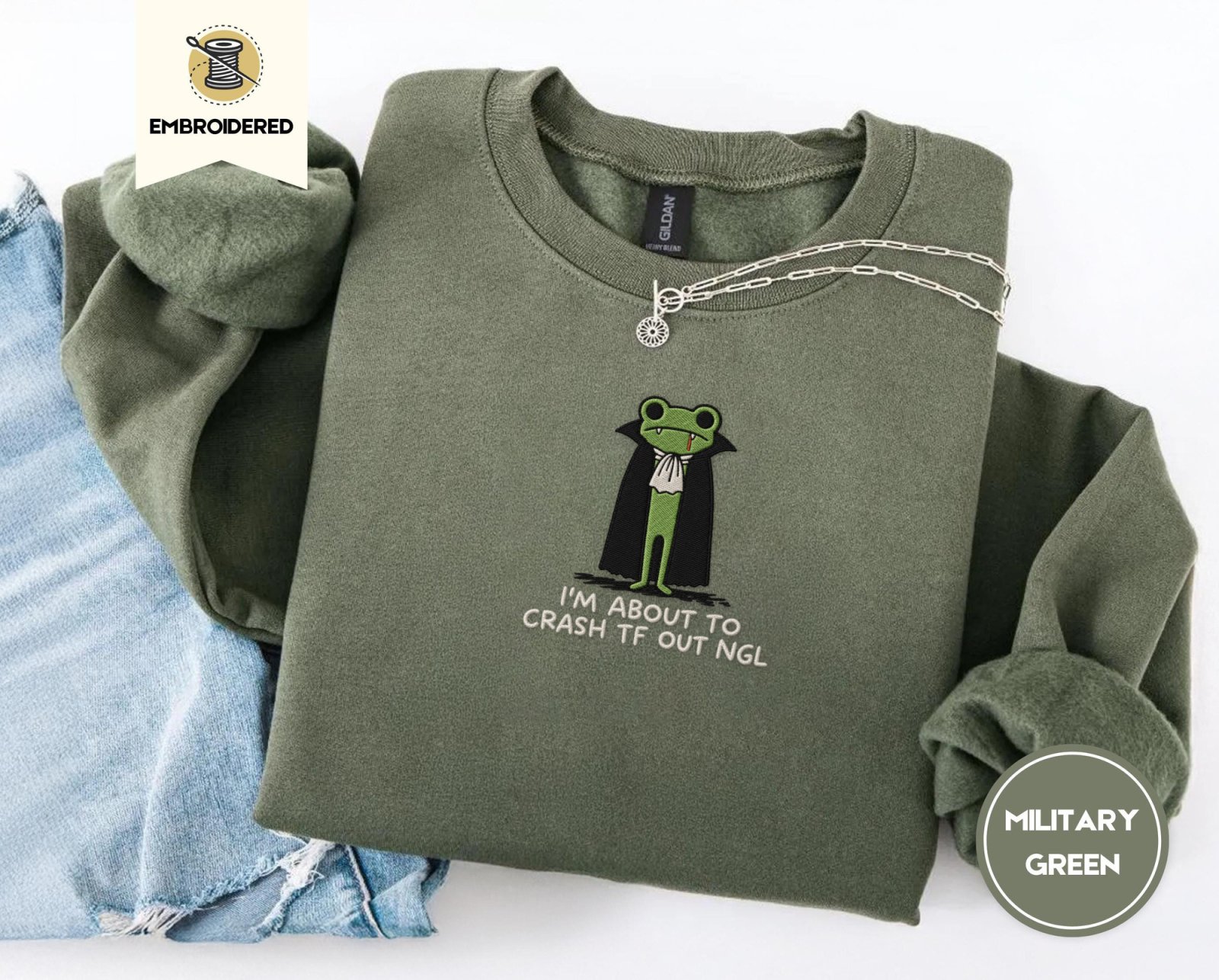 Military Green Vampire Frog Embroidered Sweatshirt