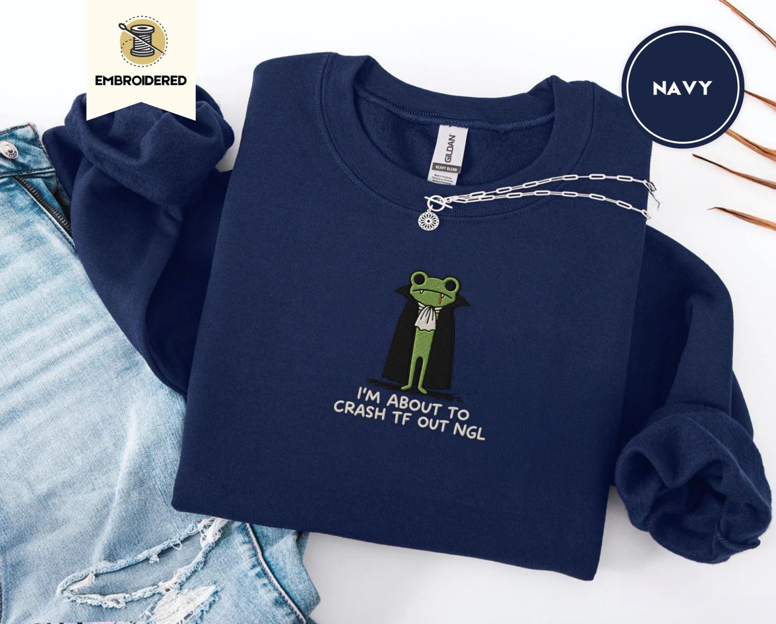 Navy Vampire Frog Embroidered Sweatshirt