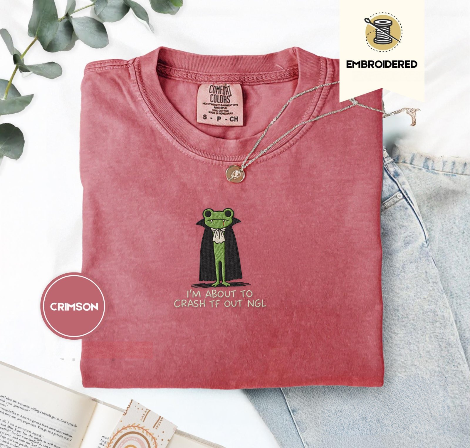Crimson Vampire Frog Embroidered T-Shirt