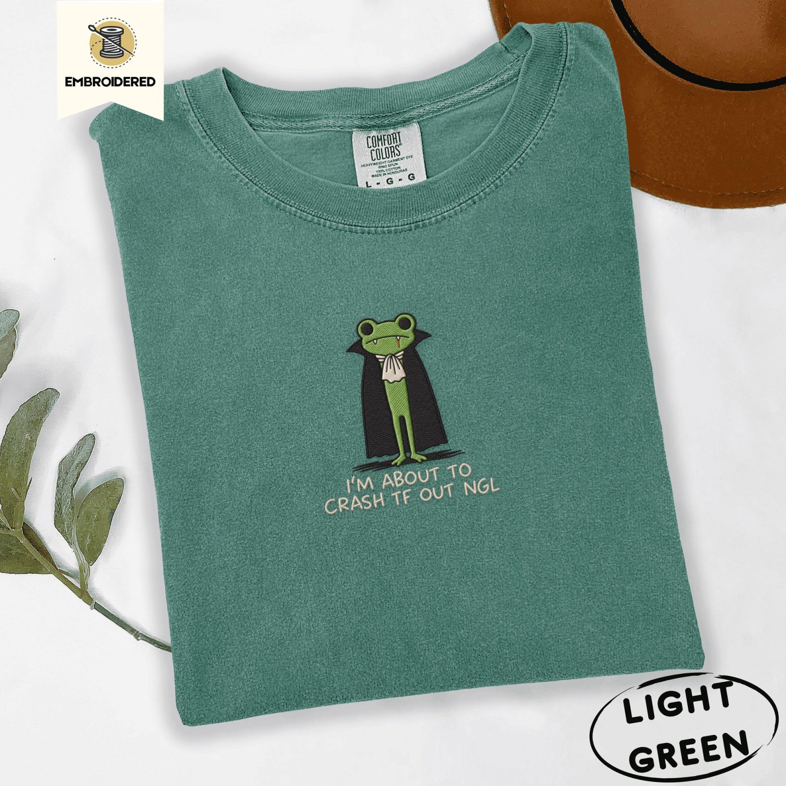 Light Green Vampire Frog Embroidered T-Shirt