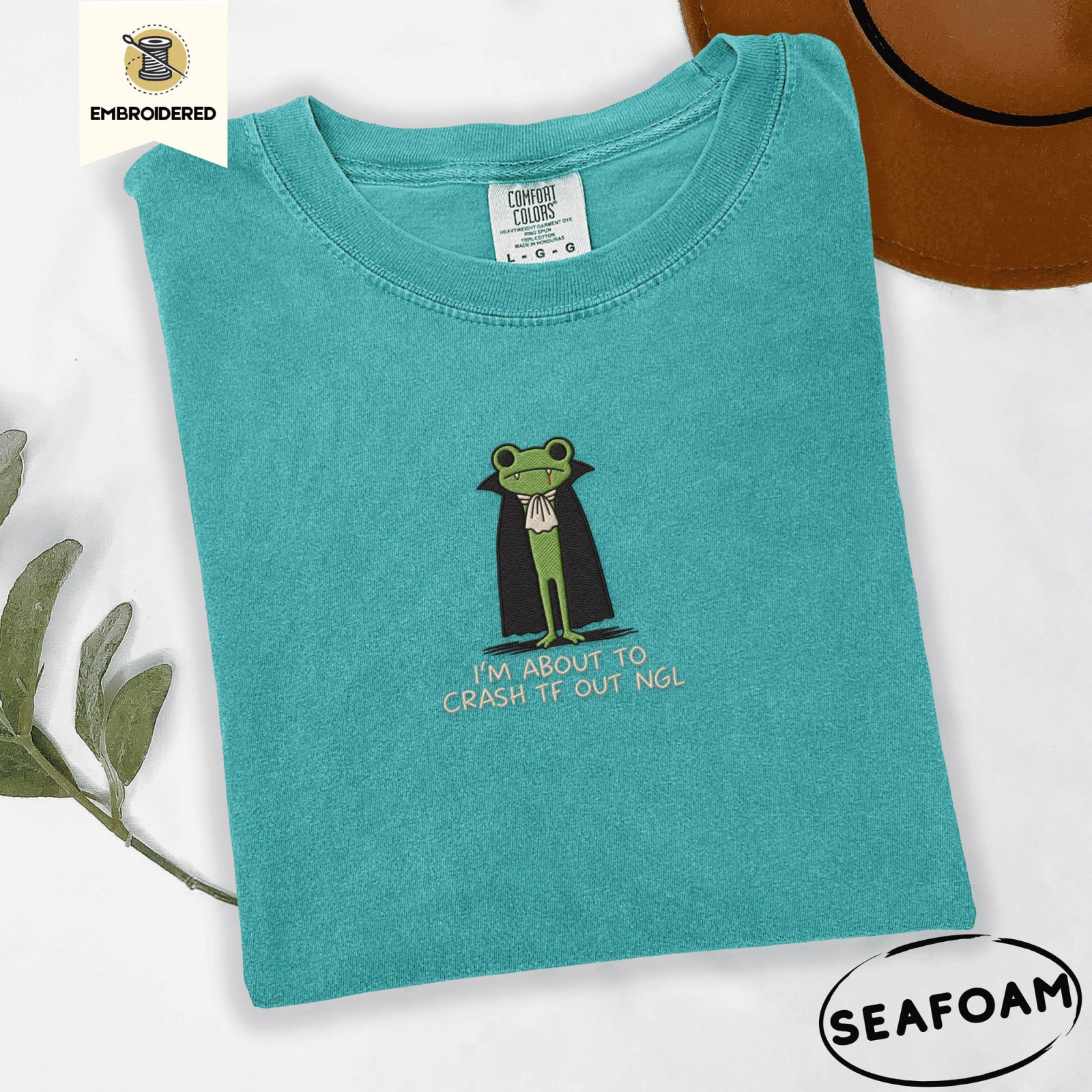 Seafoam Vampire Frog Embroidered T-Shirt
