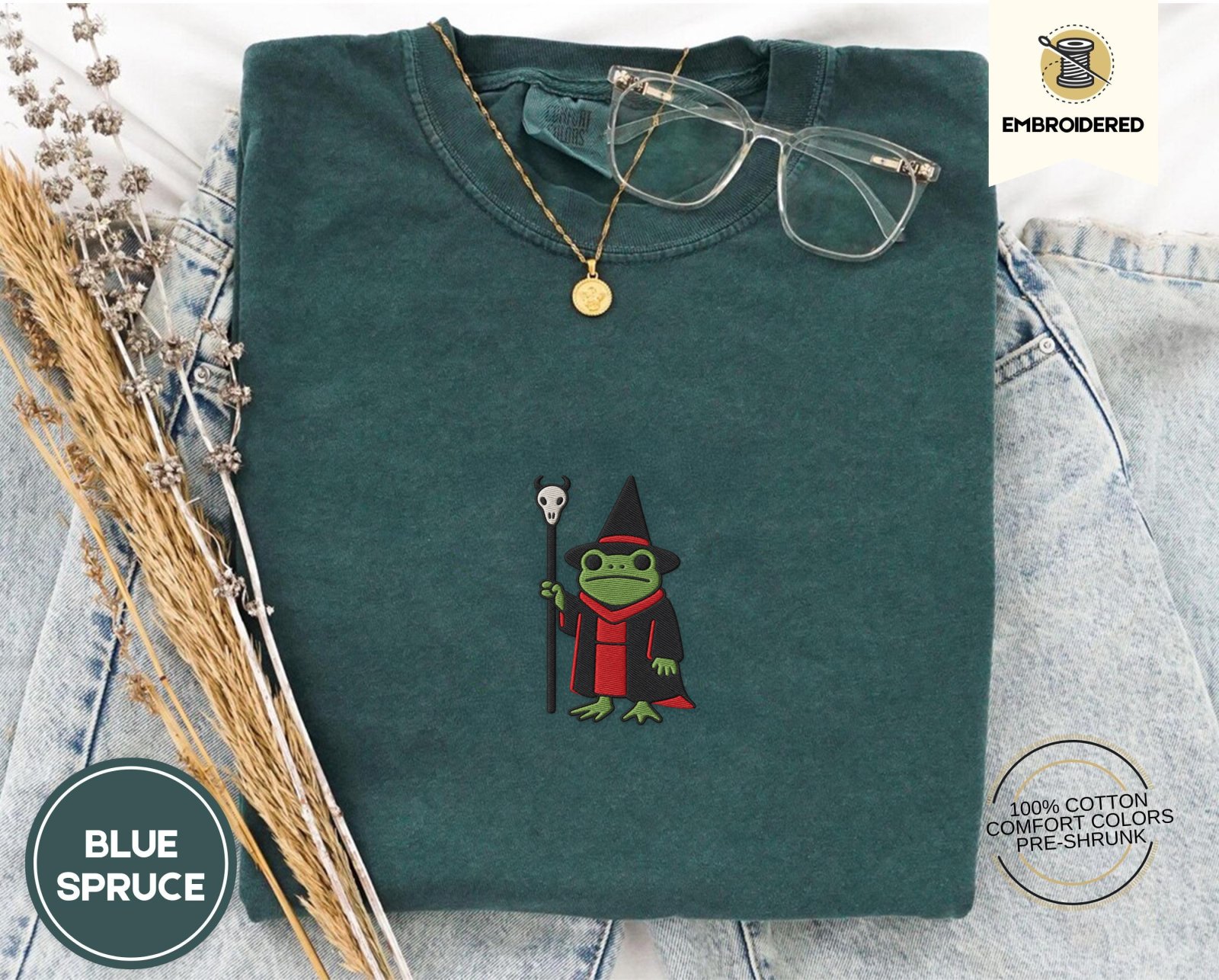 Blue Spruce Warlock Frog Embroidered T-Shirt