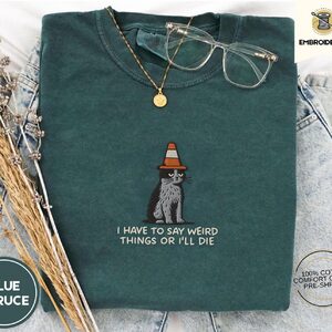 Blue Spruce Weird Things Traffic Cone Cat Embroidered T-Shirt