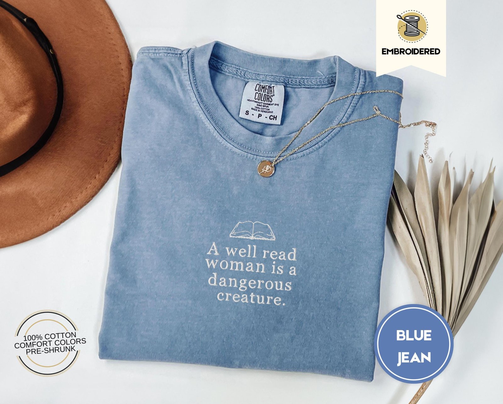 Blue Jean Well Read Woman Embroidered T-Shirt