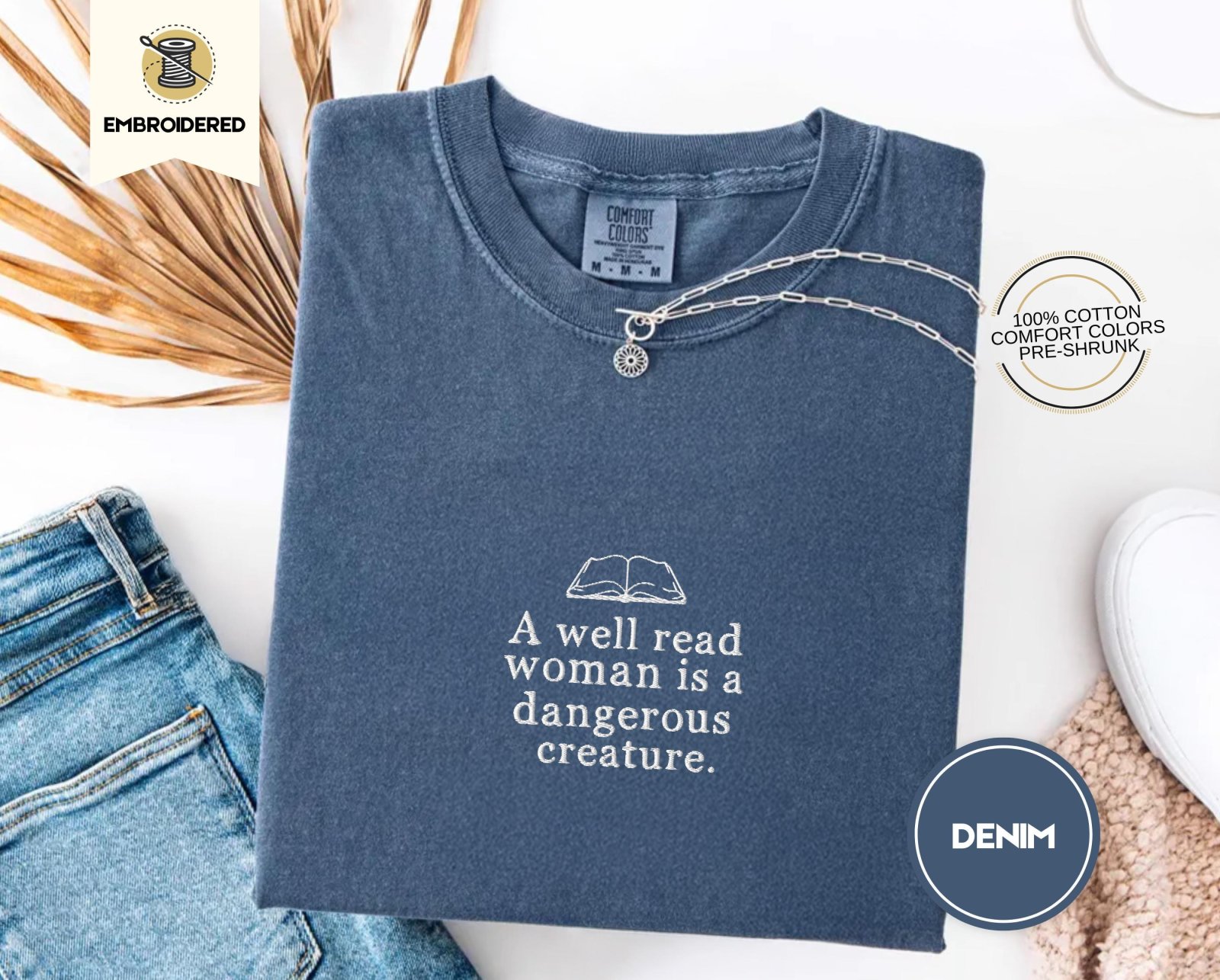 Denim Well Read Woman Embroidered T-Shirt