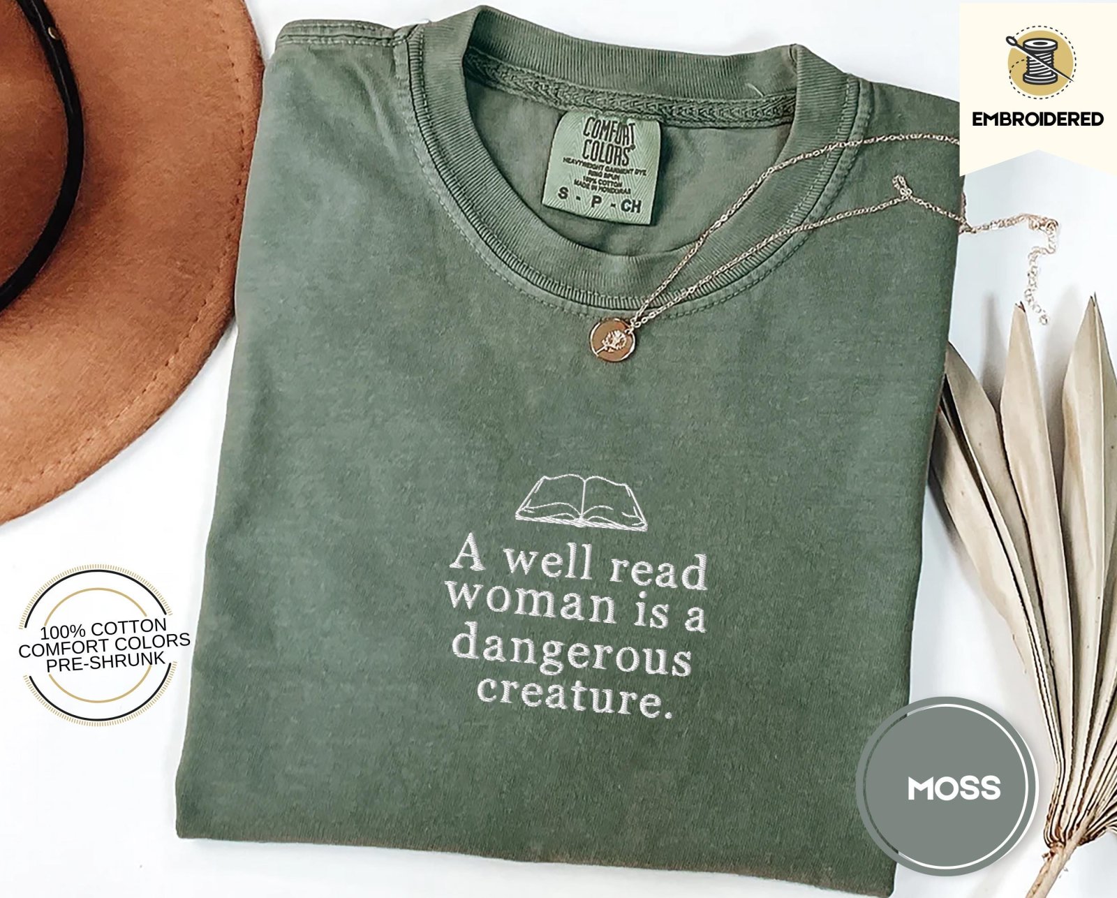 Moss Well Read Woman Quote Embroidered T-Shirt
