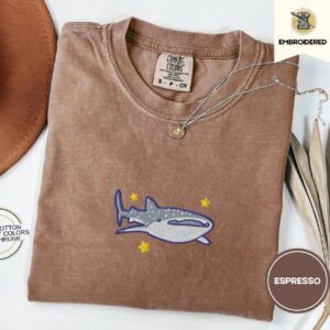 Espresso Whale Shark and Stars Embroidered T-Shirt