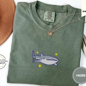 Moss Whale Shark and Stars Embroidered T-Shirt