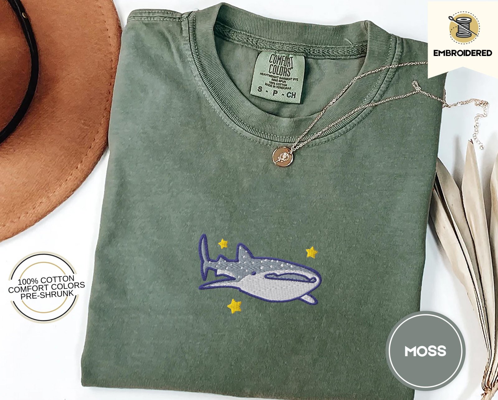 Moss Whale Shark and Stars Embroidered T-Shirt