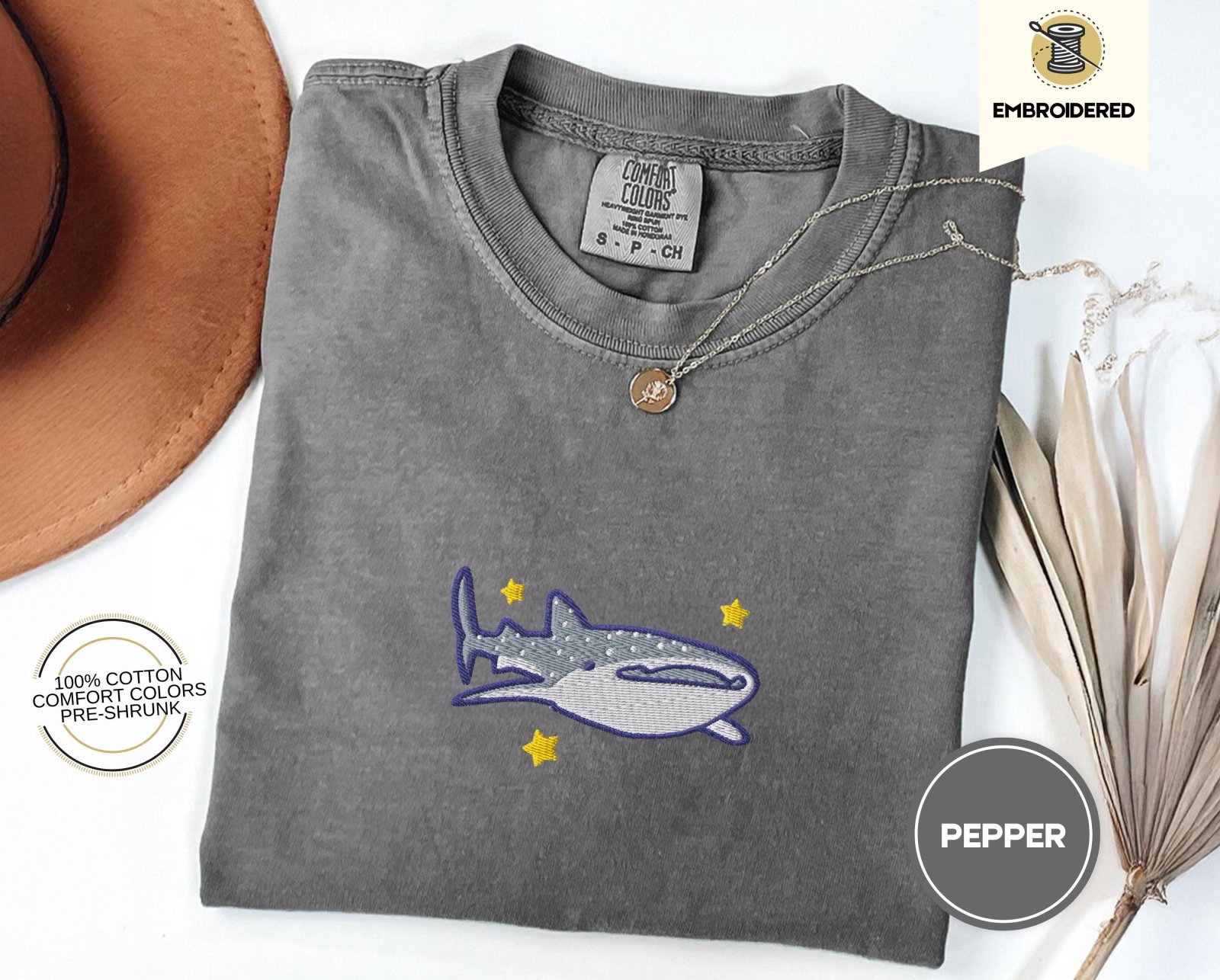 Pepper Whale Shark and Stars Embroidered T-Shirt