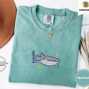 Seafoam Whale Shark and Stars Embroidered T-Shirt