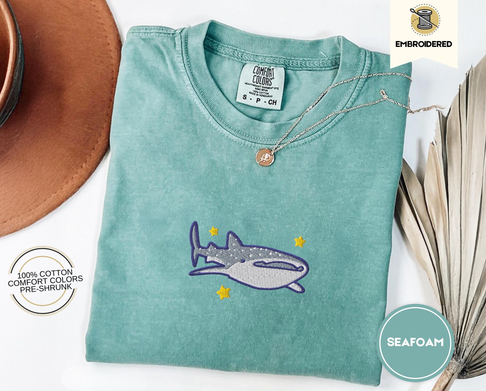 Seafoam Whale Shark and Stars Embroidered T-Shirt