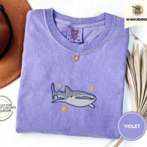 Violet Whale Shark and Stars Embroidered T-Shirt