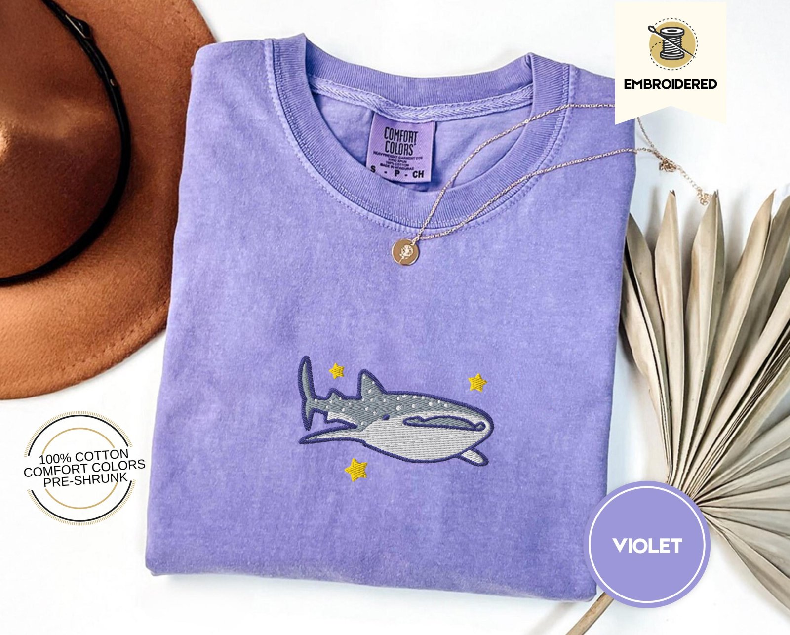 Violet Whale Shark and Stars Embroidered T-Shirt