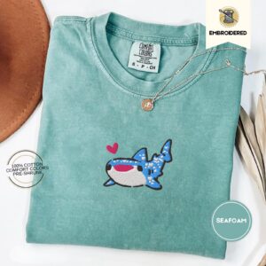 Seafoam Whale Shark Heart Embroidered T-Shirt