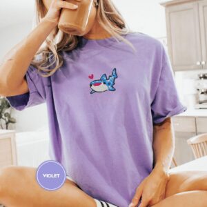 Person wearing a violet Whale Shark Heart Embroidered T-Shirt