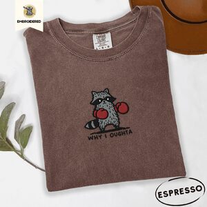 Espresso Why I Oughta Boxing Raccoon Embroidered T-Shirt