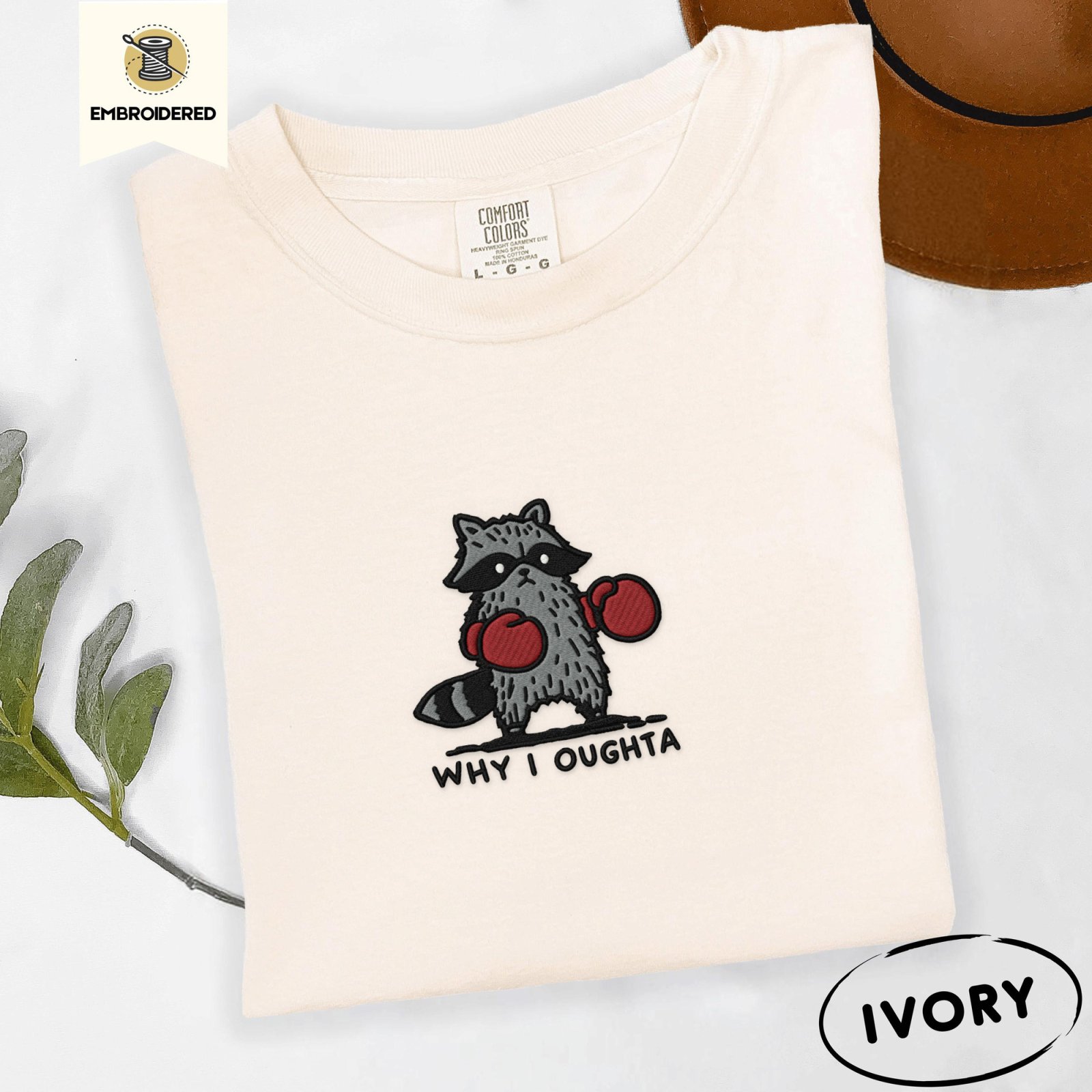 Ivory Why I Oughta Boxing Raccoon Embroidered T-Shirt
