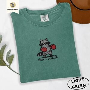 Light Green Why I Oughta Boxing Raccoon Embroidered T-Shirt