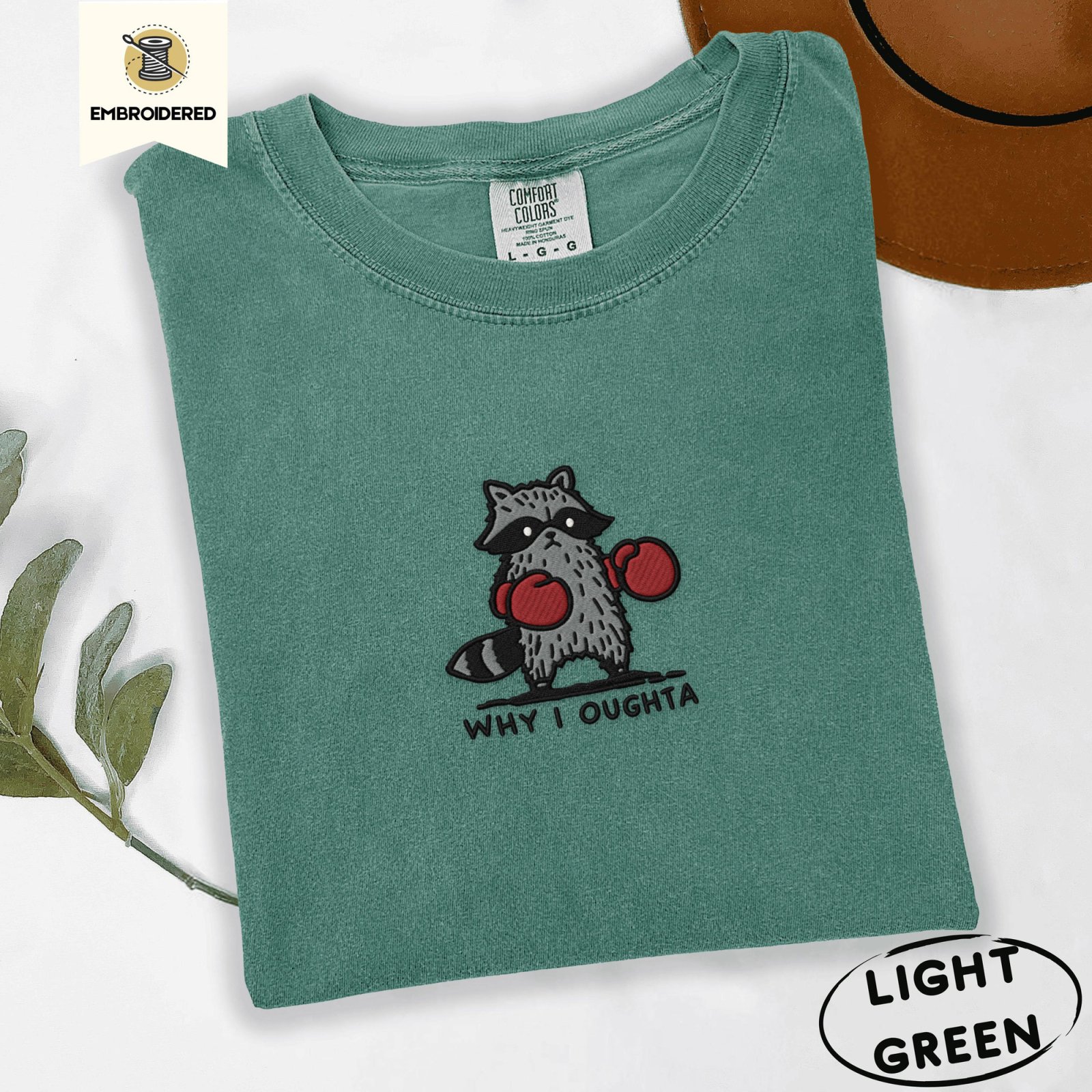 Light Green Why I Oughta Boxing Raccoon Embroidered T-Shirt