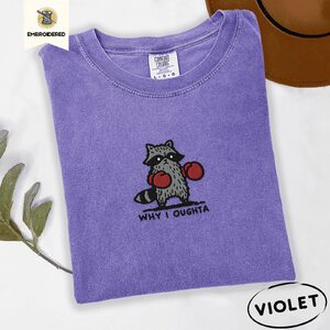 Violet Why I Oughta Boxing Raccoon Embroidered T-Shirt