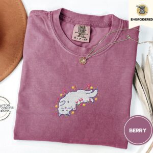 Berry Wildflower Cat Embroidered T-Shirt