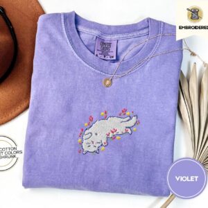 Violet Wildflower Cat Embroidered T-Shirt