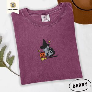 Berry Witch Cat and Pumpkin Embroidered T-Shirt
