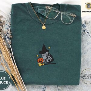 Blue Spruce Witch Cat and Pumpkin Embroidered T-Shirt