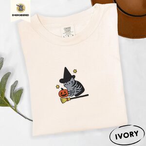 Ivory Witch Cat and Pumpkin Embroidered T-Shirt
