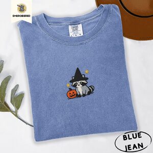 Blue Jean Witch Raccoon and Pumpkin Embroidered T-Shirt